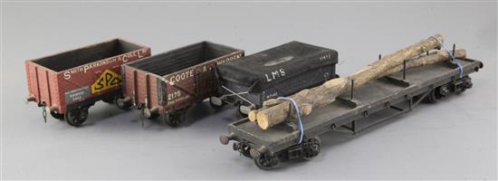 A G.W. flat bolster bogie truck with timber load, no.849, in grey, an LMS covered wagon 12T, no.11651/M71418,